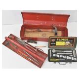Red Metal Tool Box w/ Tools: Socket Set, Hammer