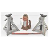 Vtg 12 Ton Bottle Jack & 2 Adjustable Jack Stands