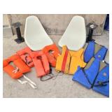 (7) Life Jackets/ Vests & 2 Bucket Boat Seats
