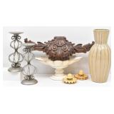 Home Decor: Pair Metal Candle Holders, Carved Wood