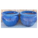 (2) Blue Glazed Terracotta Pots