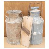 (2) Rustic Vintage Milk Cans & Kraut Cutter