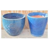 (2) Blue Glazed Terracotta Pots