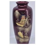 Red Lacquer & Gold Hand Painted Japanese Vase 10"