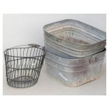 Wire Basket & 2 Galvanized Square Wash Tubs