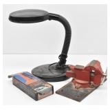 Desk Lamp, Vtg Swivel Base Bench Vise &...