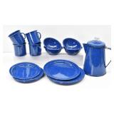 Blue Enamelware Coffee Pot & Tableware Set