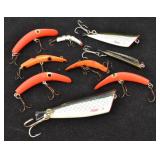 (9) Fishing Lures: Flatfish, Cut Plug 3/4/5, Lazy