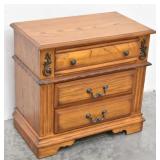 Three Drawer Oak Nightstand Metal Decor & Handles