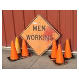 Men Working Sign & 6 Safety Cones