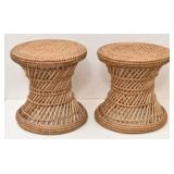 (2) Natural Rattan Hourglass Stools / Side Tables