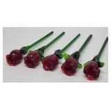 5 Blown Art Glass Red Rose Bud w Long Green Stem
