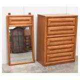 Five Drawer Wooden Highboy Dresser & Mirror