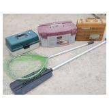 (3) Tackle Boxes, Fishing Net, Kayak Paddle