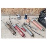 (4) Grease Guns & 3-Small Oil Cans, Plastic Crate