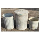 (2) Galvanized Metal Ribbed Trash Cans & 1 Bucket