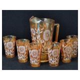 (7pc) Pitcher Set Jeannette Carnival Glass Peach