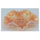 Peach Carnival Opalescent Crimped Glass Bowl