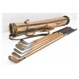 Antique Hickory Shaft Golf Clubs & Canvas Bag
