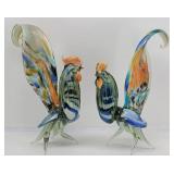 (2) Murano Hand Blown Art Glass Rooster Sculptures