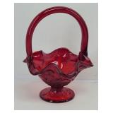 Ruby Red Pressed Glass Pedestal Basket Ruffled 6"T