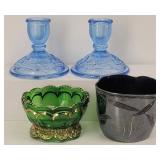 Pair Blue Glass Candle Holders, Emerald Green...