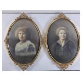 (2) Antique Oval Portraits Convex Bubble Glass
