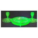 Uranium Depression Glass Candle Holders & Divided