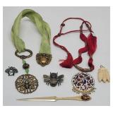 (3) Bee Brooches, Red Tassel Cord Necklace...
