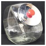 Vtg Glass Penny Candy Jar w/ Red Knob Handle