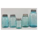 (5) Vrg Bluish-Green Canning Jars w/ Lids