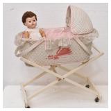 1930's Baby Doll, Bassinet Basket, & Stand