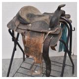 Old Dark Tooled Leather Western Saddle 13"