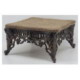 Vtg Ornate Cast Iron Footstool w/ Upholstery