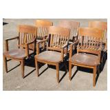Set of 6 Antique QS Oak Slat Back Arm Chairs
