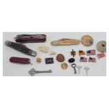 Collectibles: 4 Pocket Knives, Flag Pins, Keys...