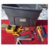 Miscellaneous tools, screws, and plastic tote