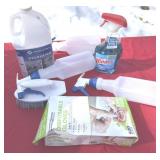 Windex degreaser, empty spray bottles gloves