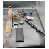 Coca-Cola opener, vintage headset, scope, razor