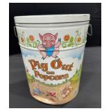 Vintage large pig-out on popcorn metal container