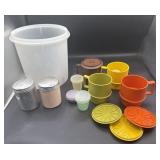 vintage Tupperware, coffee mugs with lids