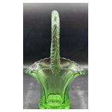 Green art glass basket mole mark on handle 9 inch