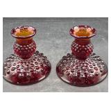 Fenton Ruby, red  hobnail candleholders