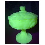Fenton green satin uranium compote with lid