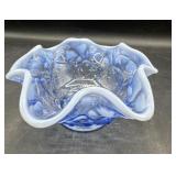 Blue opalescent ruffled bowl