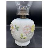 Early American hand, painted milk, glass oil lamp