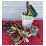 Brushes, funnels, bucket, miscellaneous tools