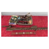 Hedge, trimmers screws, large wooden clamp level