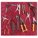 Large amount of pliers, wrenches & misc