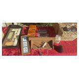 Candles, pictures, wooden shelf, miscellaneous